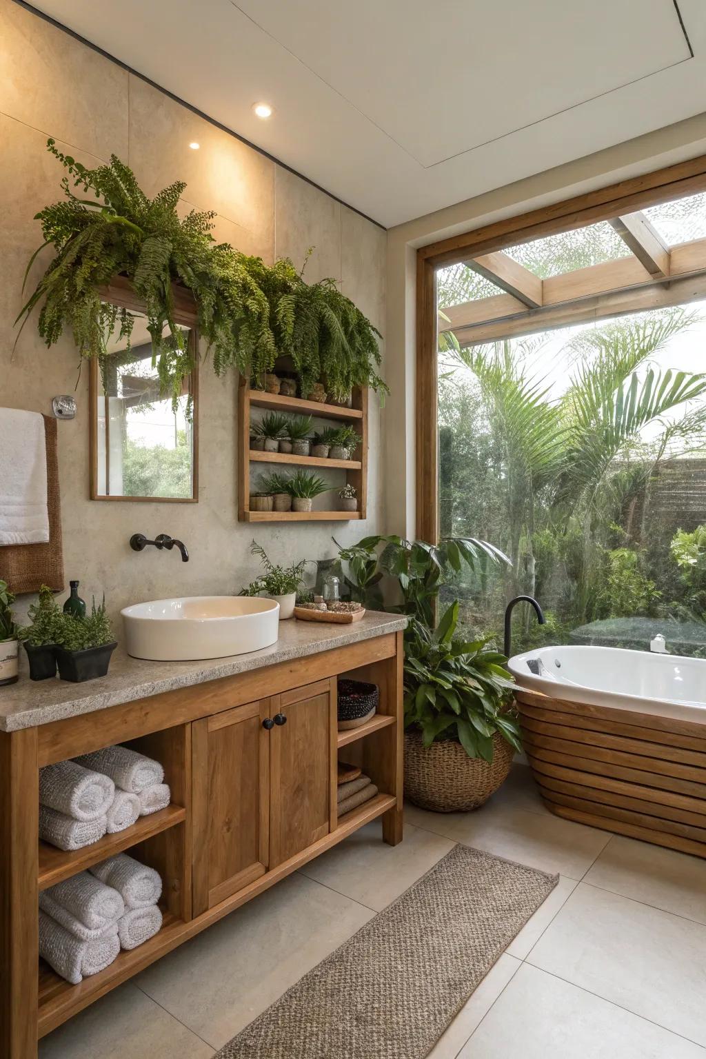 Wood highlights and plants for a spa-inspired bathroom experience.