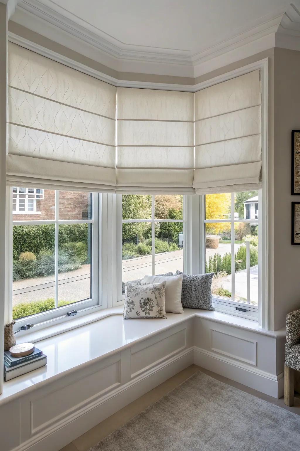 Roman shades provide a sleek and modern look for bay windows.