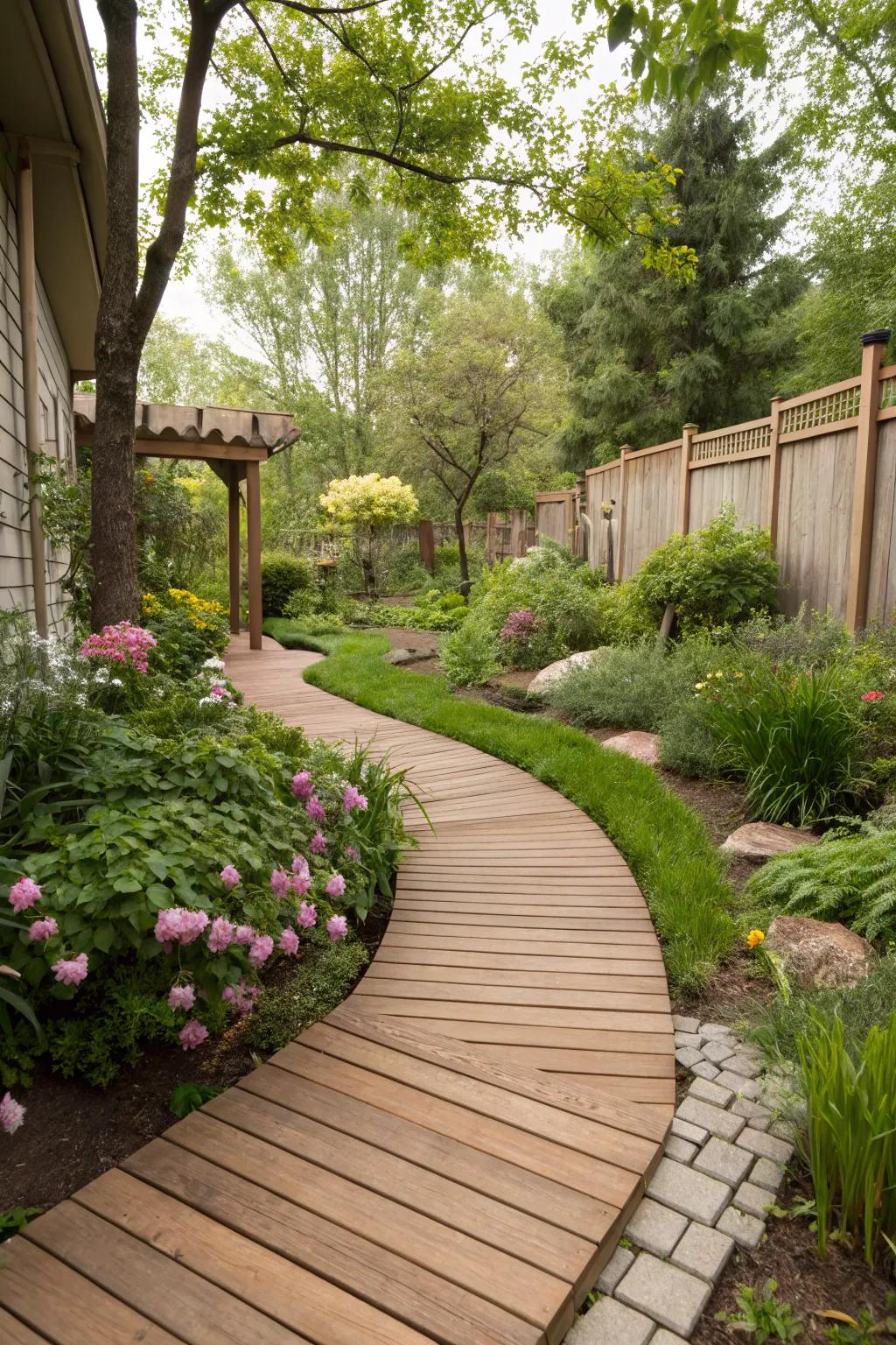 A boardwalk pathway brings some charm and guides you across your garden getaway.