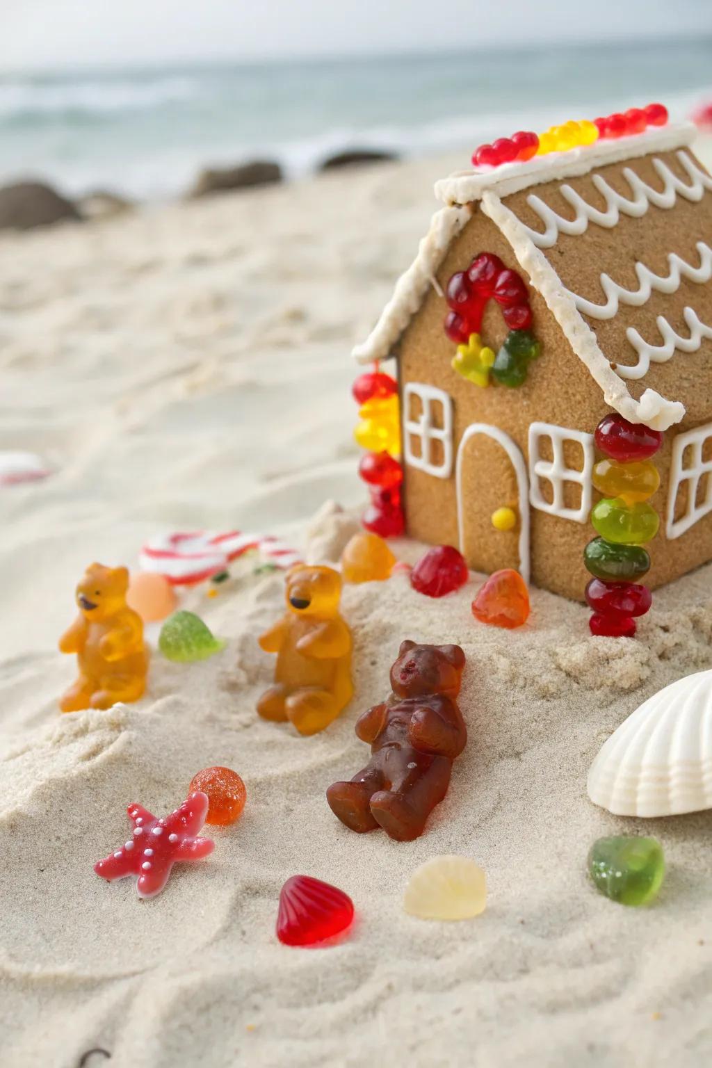 Gummy figures introduce a pleasant and amusing element to the beach vista.