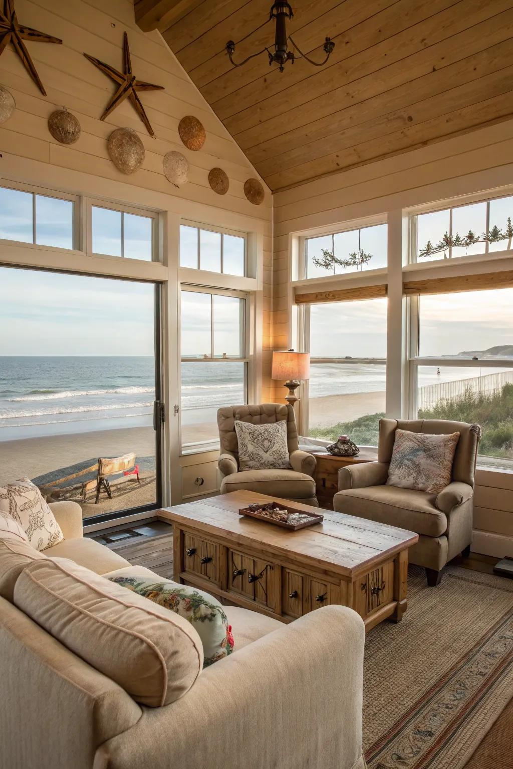 Comfortable furniture invites relaxation in this beachside retreat.