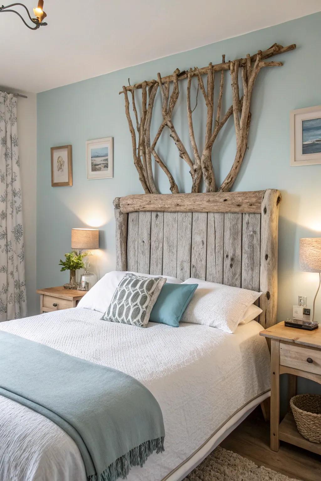 A driftwood headboard creates a striking coastal centerpiece.