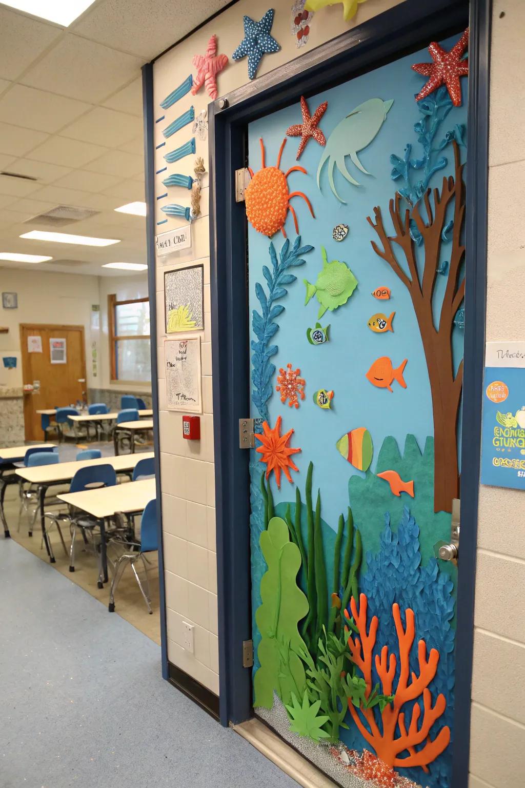A classroom door exhibiting a lively coral garden crafted from paper.