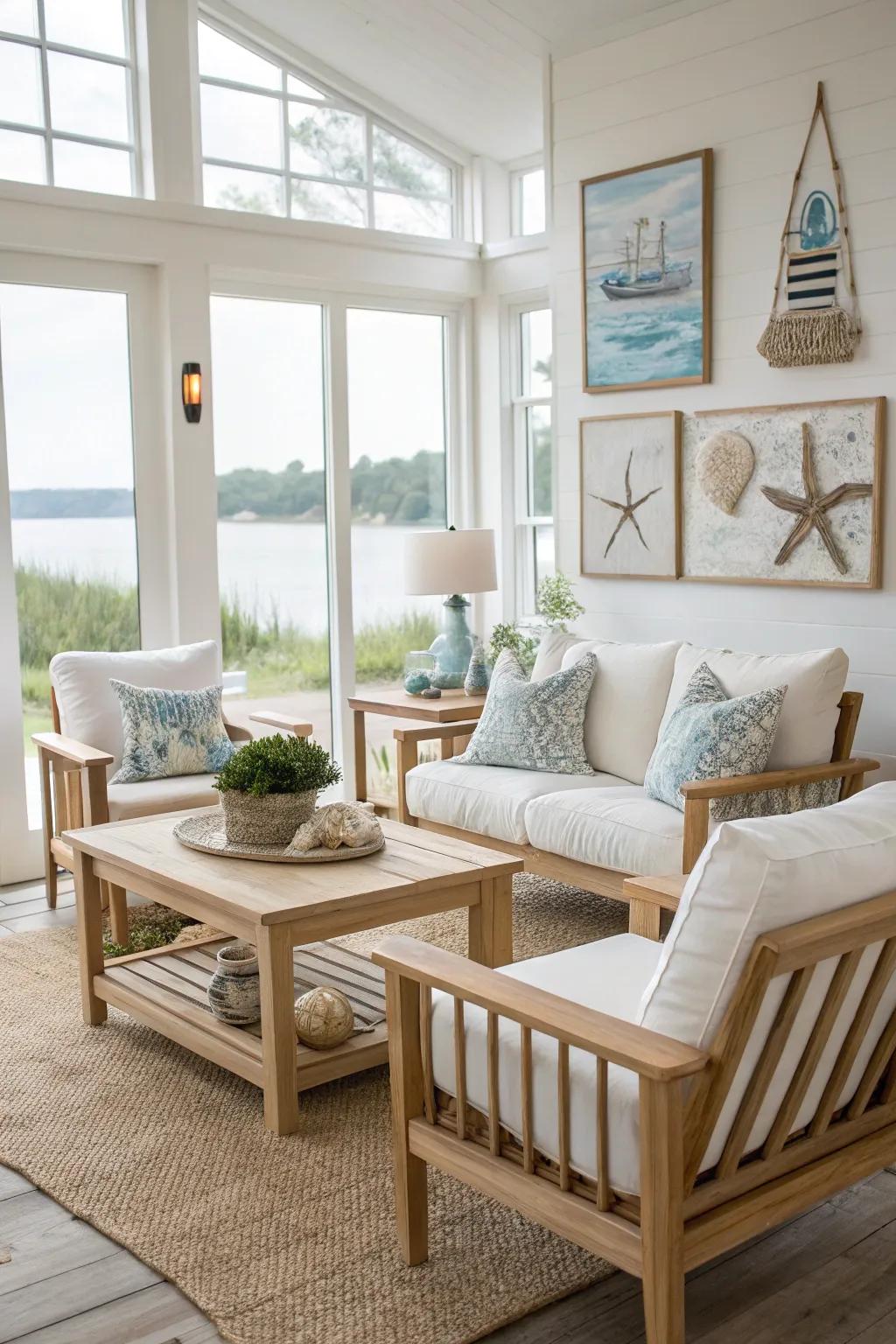 Pale furniture fashions an inviting coastal ambiance.