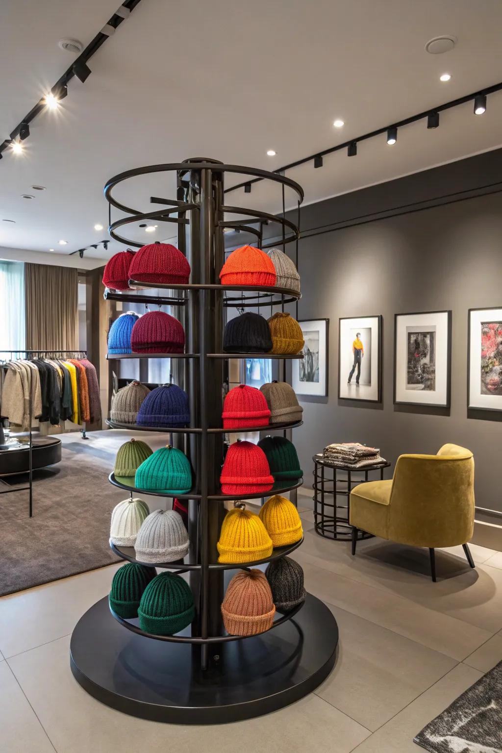 Revolving racks offer a dynamic presentation, turning your beanie display into an engaging spectacle.