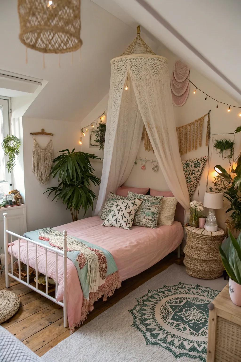 A pastel canopy adds bohemian flair to this unique space.