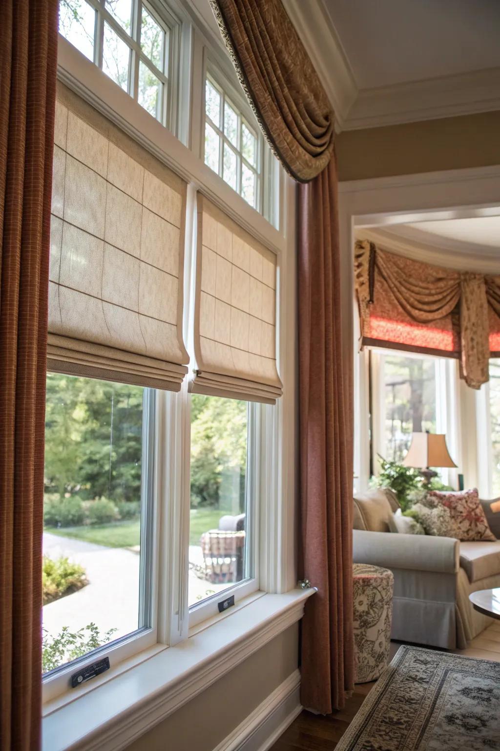 Roman shades provide a polished and sophisticated look.