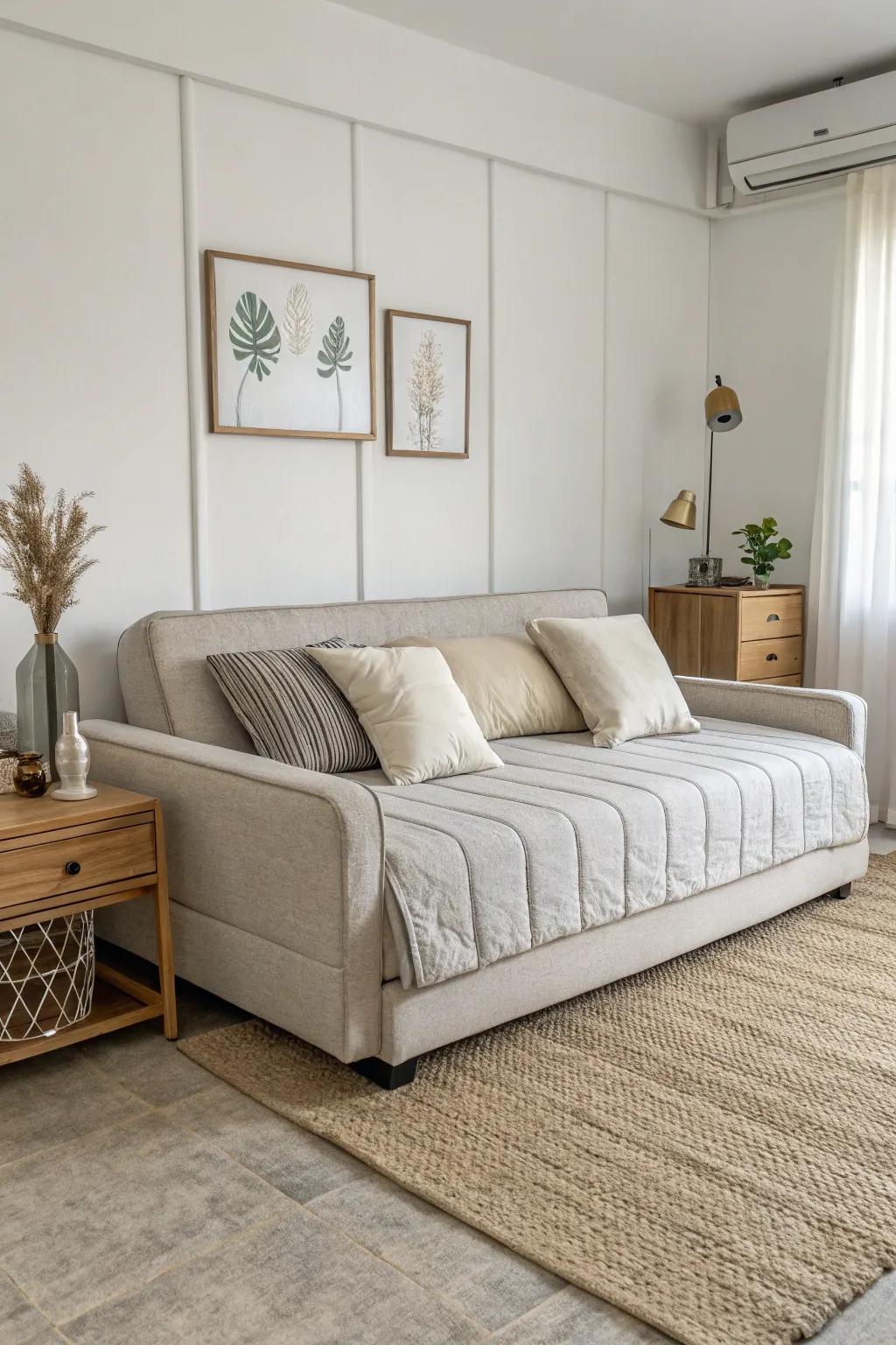 A minimalist modular settee, adding a sleek aesthetic to a bedroom.