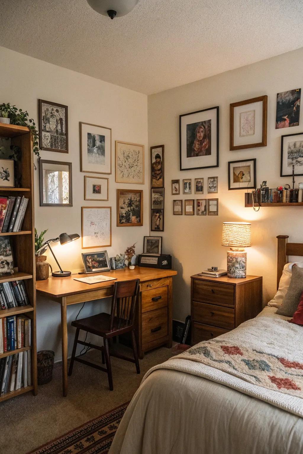 Personal impressions such as portraits and artwork make this bedroom distinct.