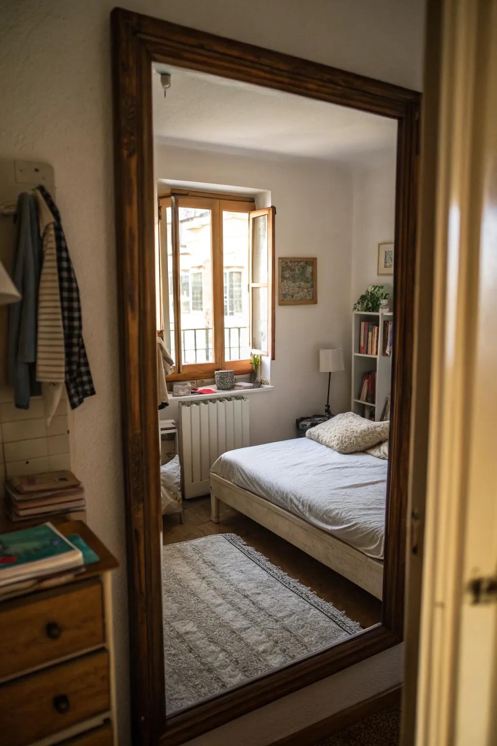 Mirrors are strategically positioned to enhance space and light in a small bedroom.
