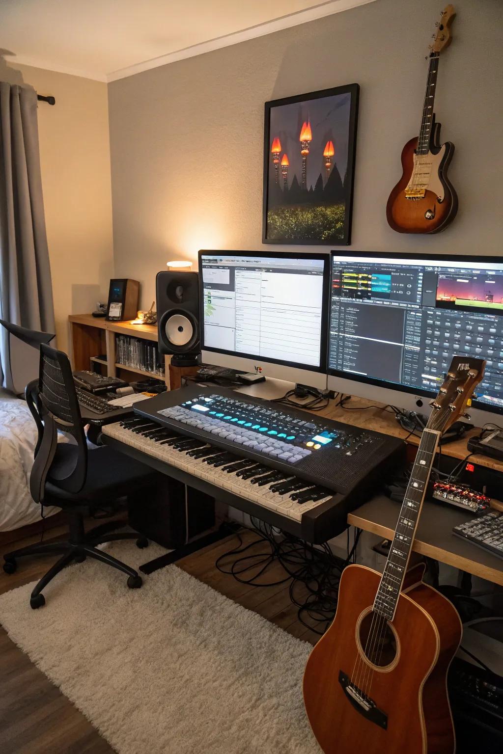 Dual monitors aid in streamlining the music production flow, amplifying output.