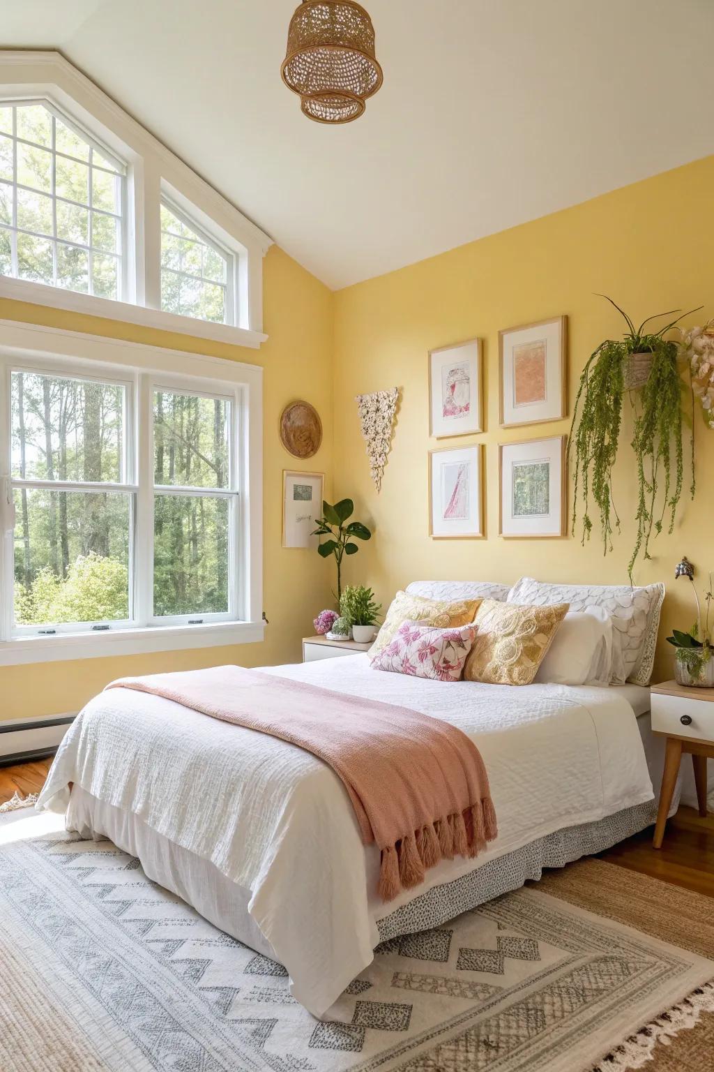 A vibrant bedroom with sunbeam tone walls, exuding warmth and positivity.