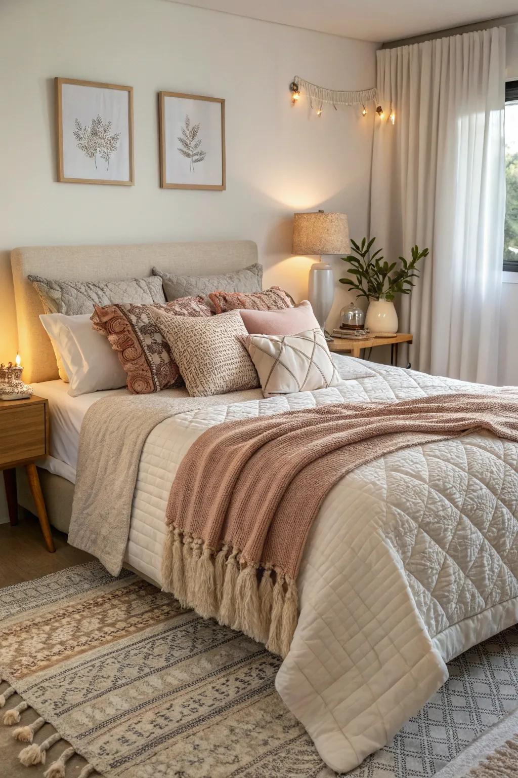 Layered textiles add coziness and pops of color to your bedroom.