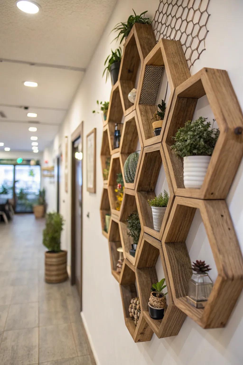 Honeycomb wall composition introduces visual intrigue and utility.