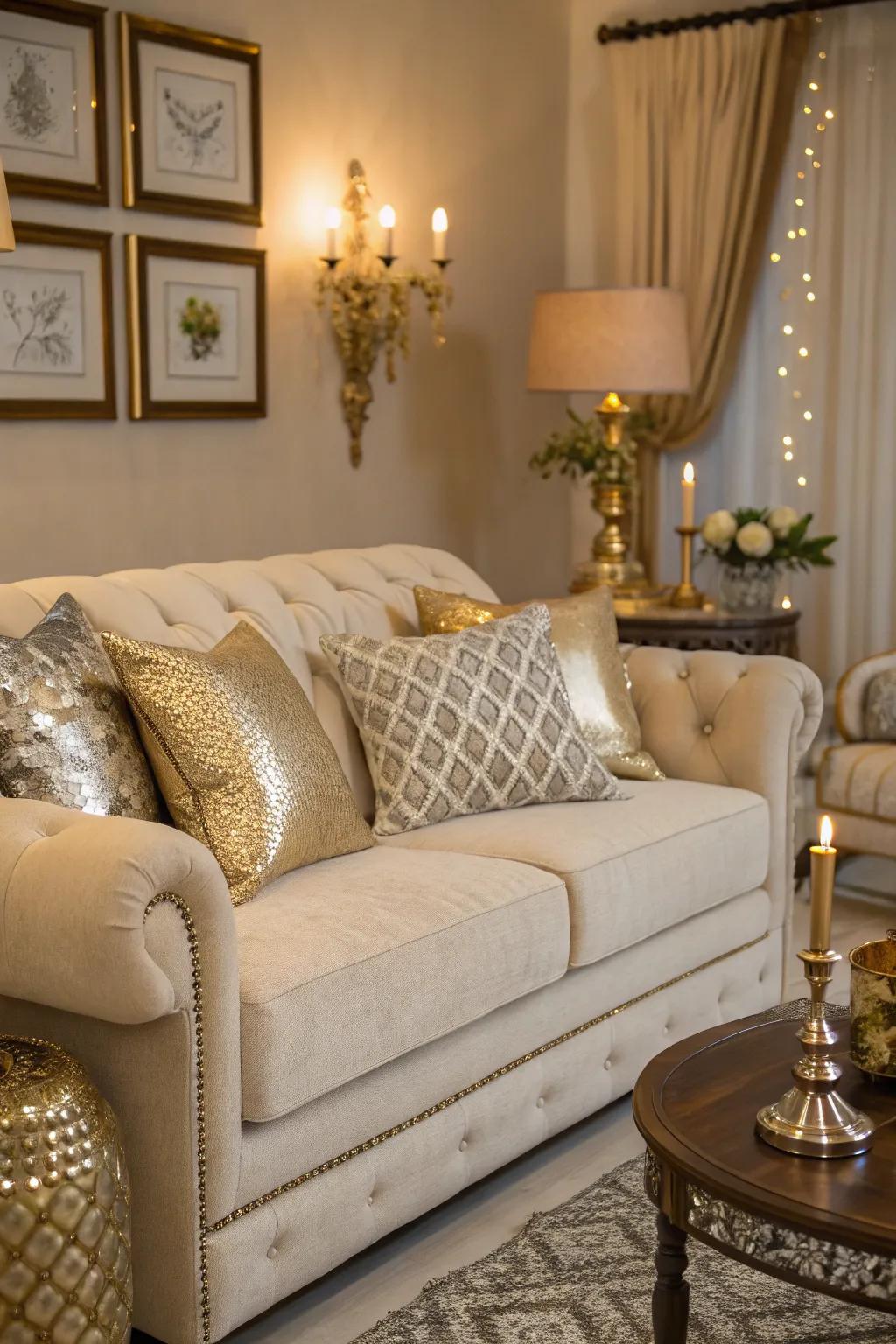 Appealing shiny features lift a wheat-toned sofa living space.
