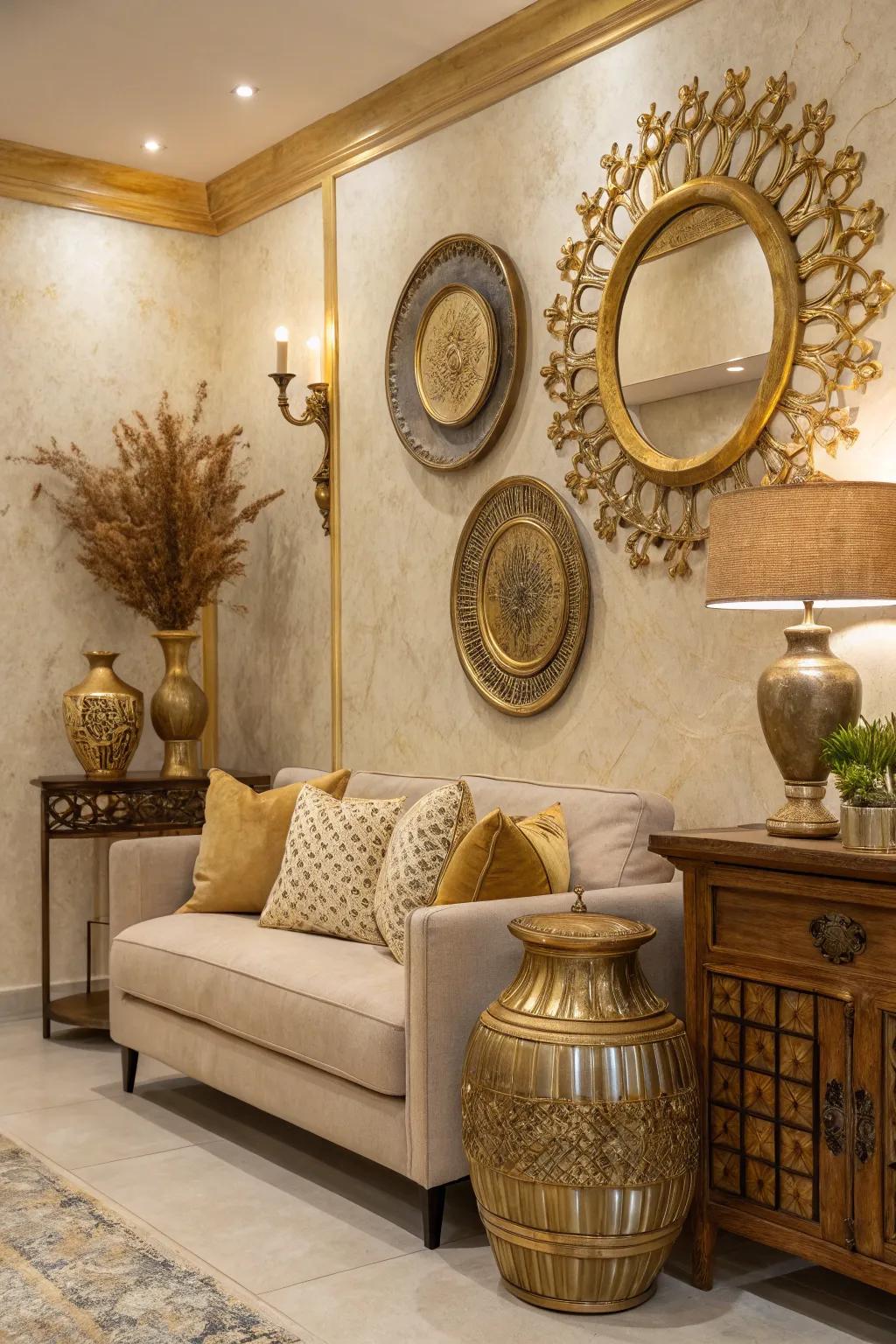 Metallic touches impart a glamorous hint to this beige interior.