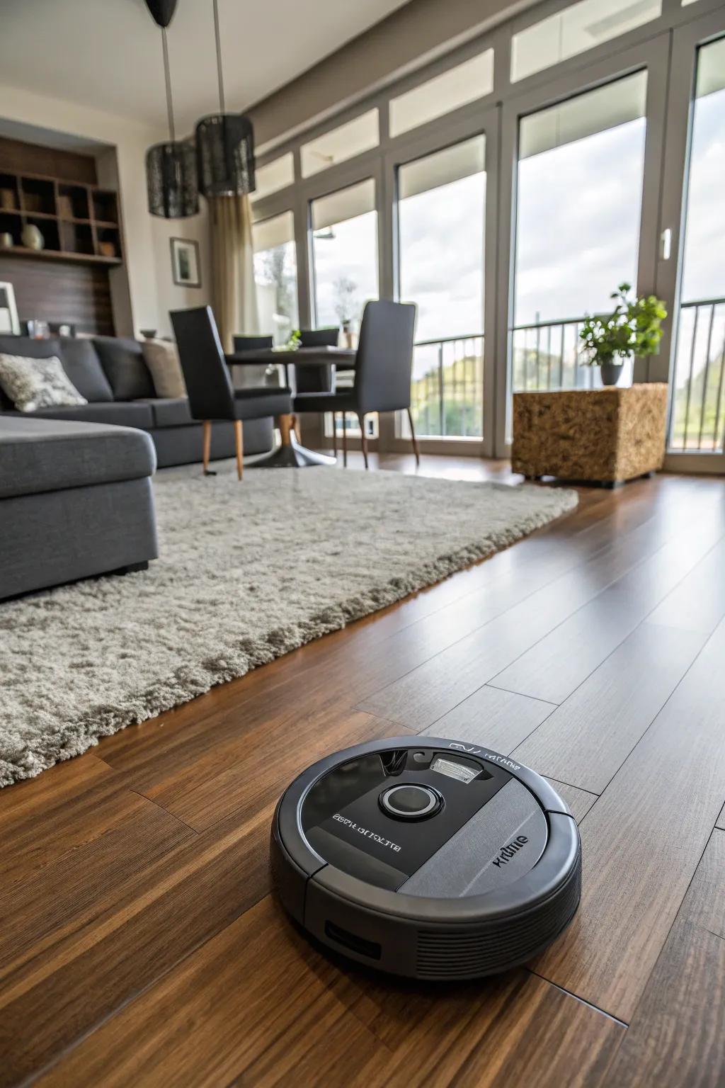 An automated cleaning system efficiently cleans a contemporary living space, guaranteeing spotless floors with minimal effort.