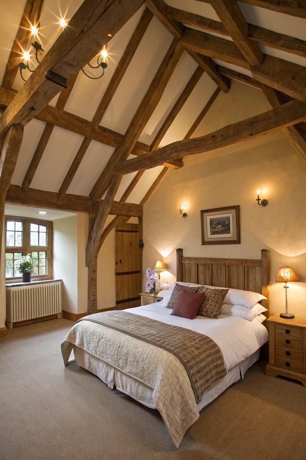 A voluminous bedroom showcasing vaulted ceilings and exposed beams.