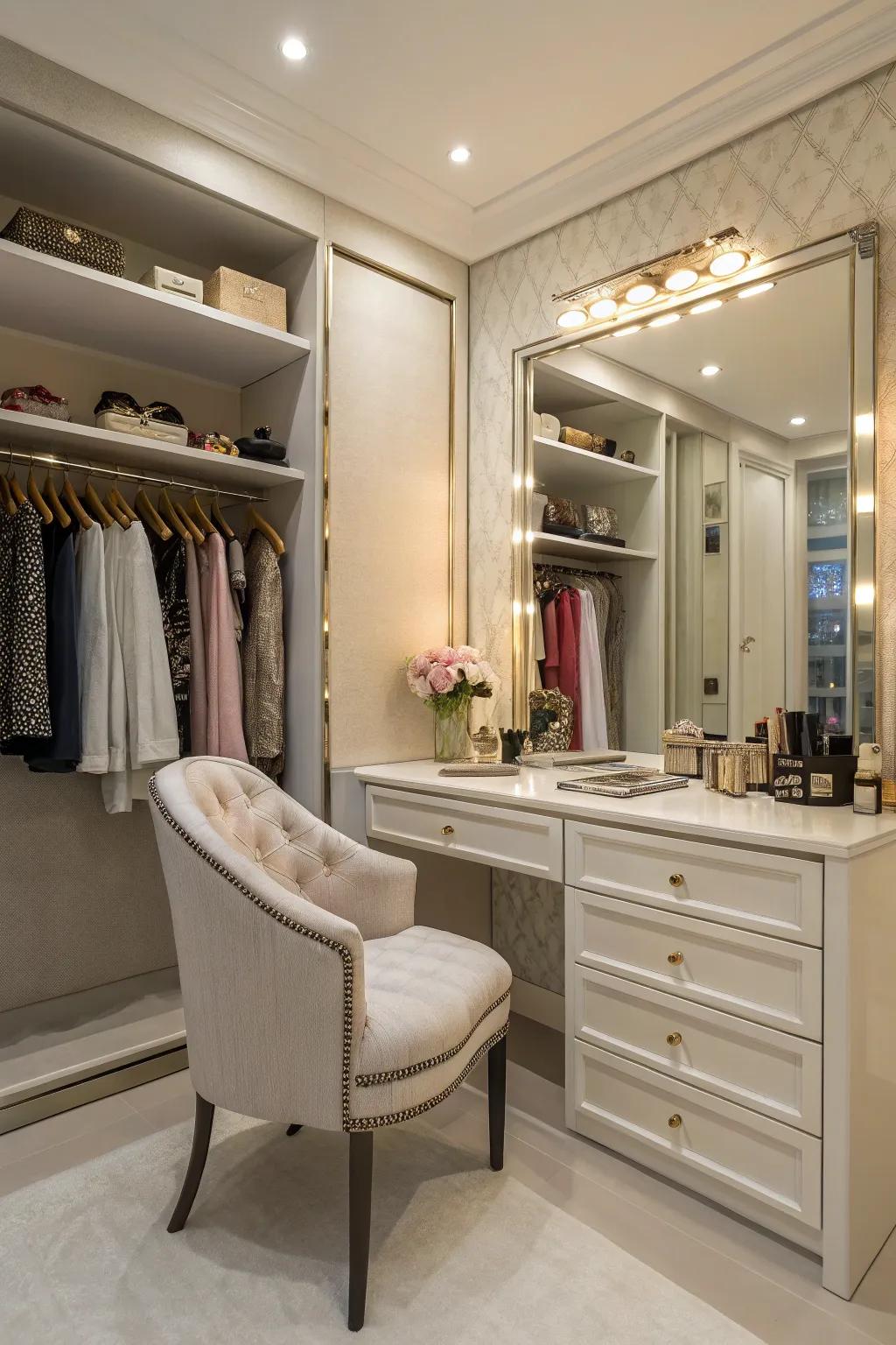 A closet with a stylish vanity area complete with a mirror and elegant seating.