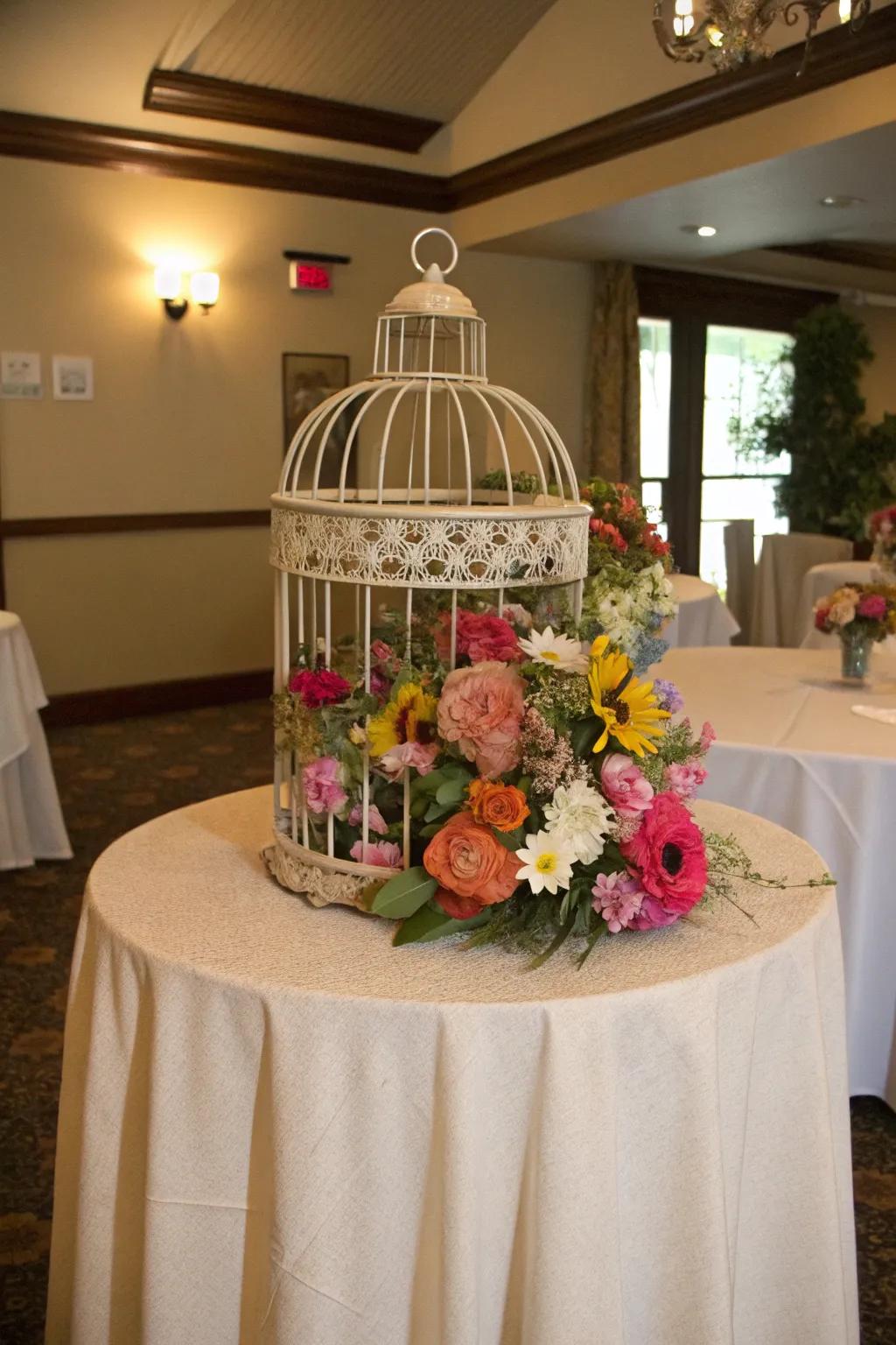 A cage centerpiece distinguished by animated flowers that impart a lively touch.