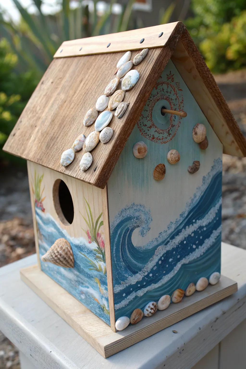 Bring the seaside charm to your garden with this stunning beach-themed birdhouse.