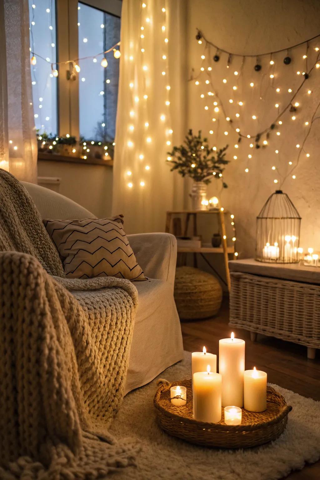 A cozy space aglow with subtle fairy lights and the warm flicker of candles.