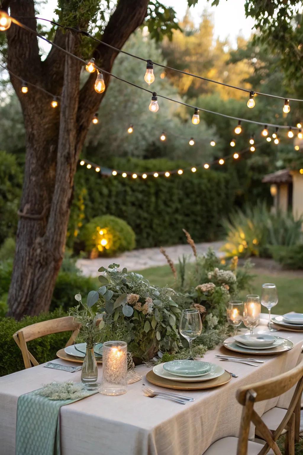 A backyard retreat featuring string lights sets the ambiance for a magical evening.