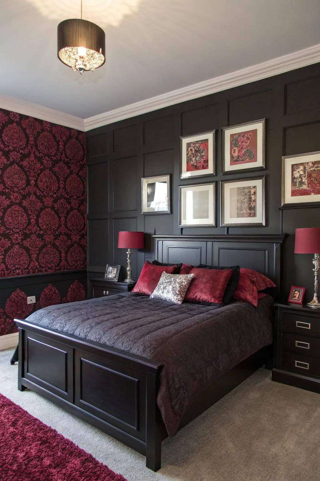 Wall art with coordinating shades unites your black and burgundy bedroom design.