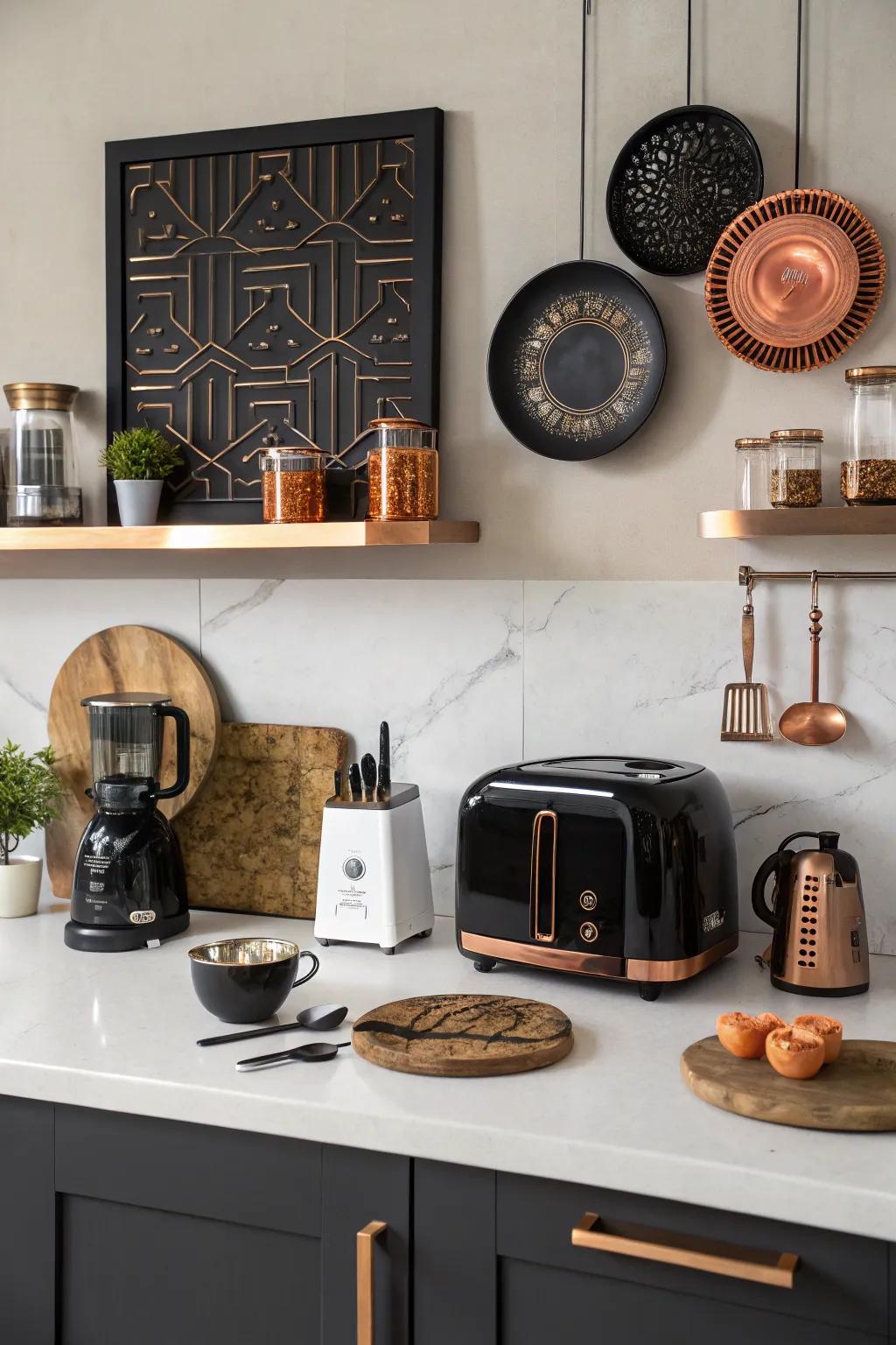 Black and copper accessories foster harmony in your kitchen design.