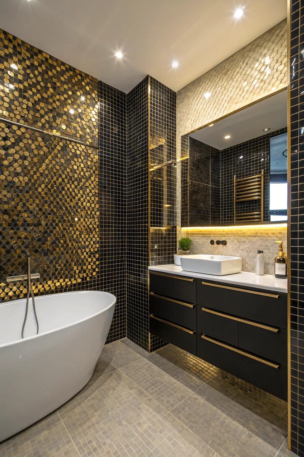 Mosaic tiles in black and gold create texture and elegance.