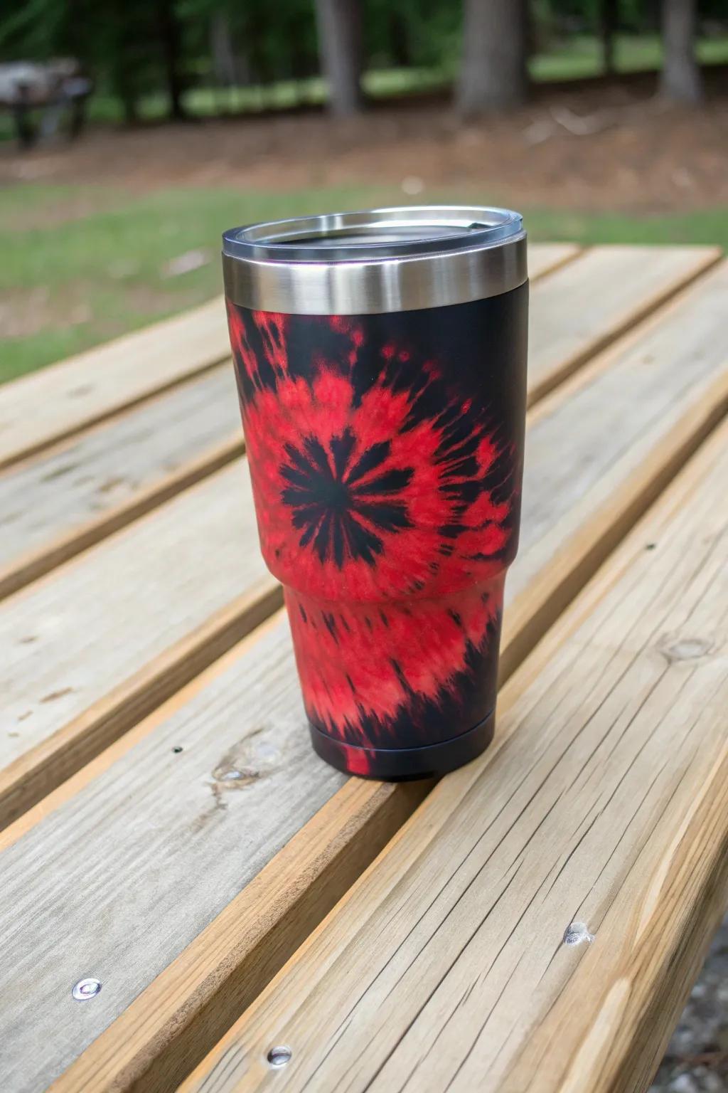 A trendy variegated onyx and crimson tumbler tailored for gatherings.