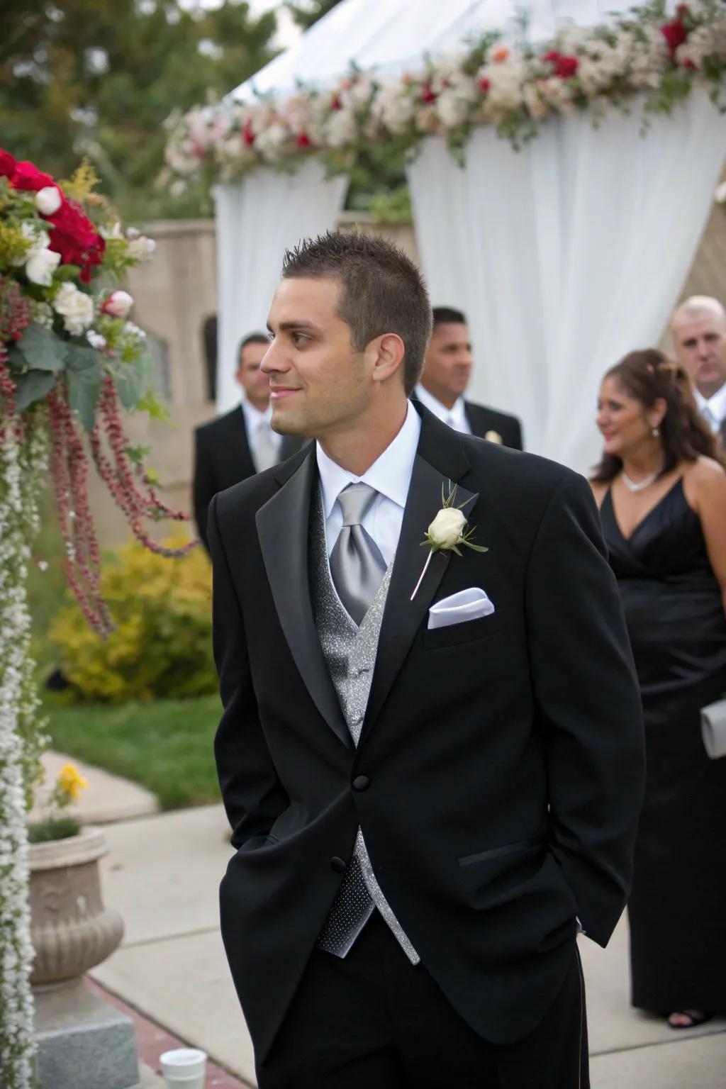 Dapper groom's attire displaying shadow and shimmer.