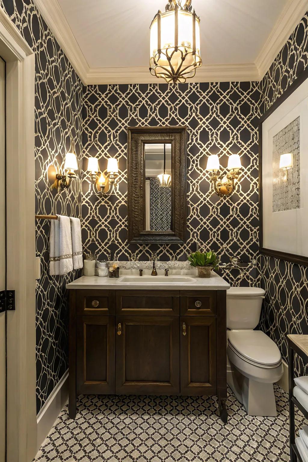 Patterned walls inject a sophisticated and whimsical vibe.