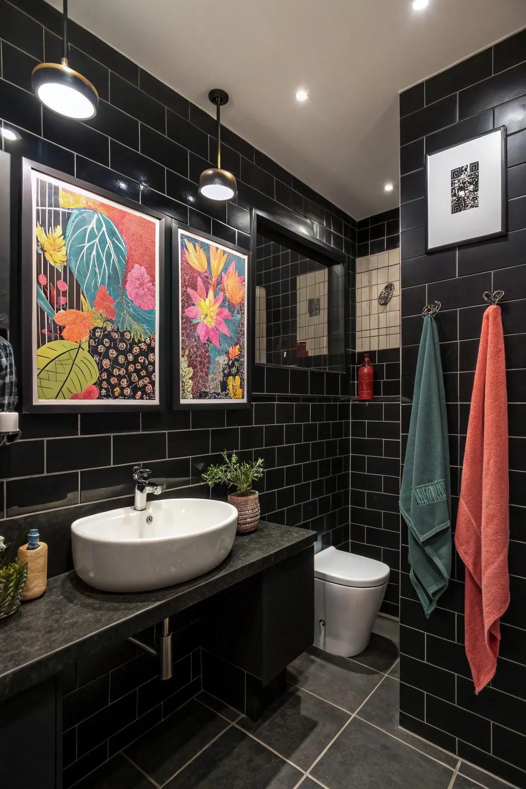 Striking artwork stands out beautifully against ebony walls.