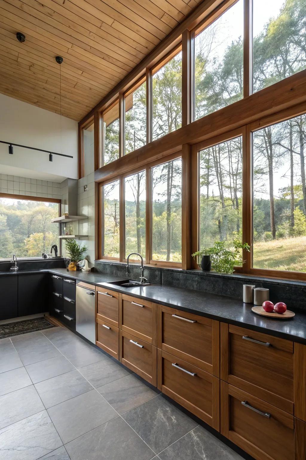 Sunshine balancing the dark surfaces of dark-toned countertops.