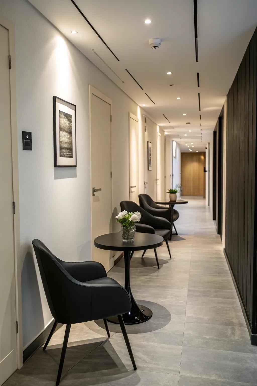 Streamlined furniture enhances the modern design inside a dark entryway.