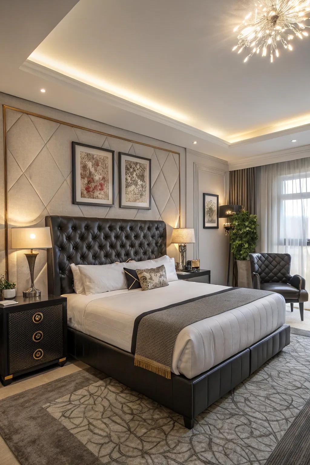 Elegant bedroom featuring a luxurious dark leather headboard