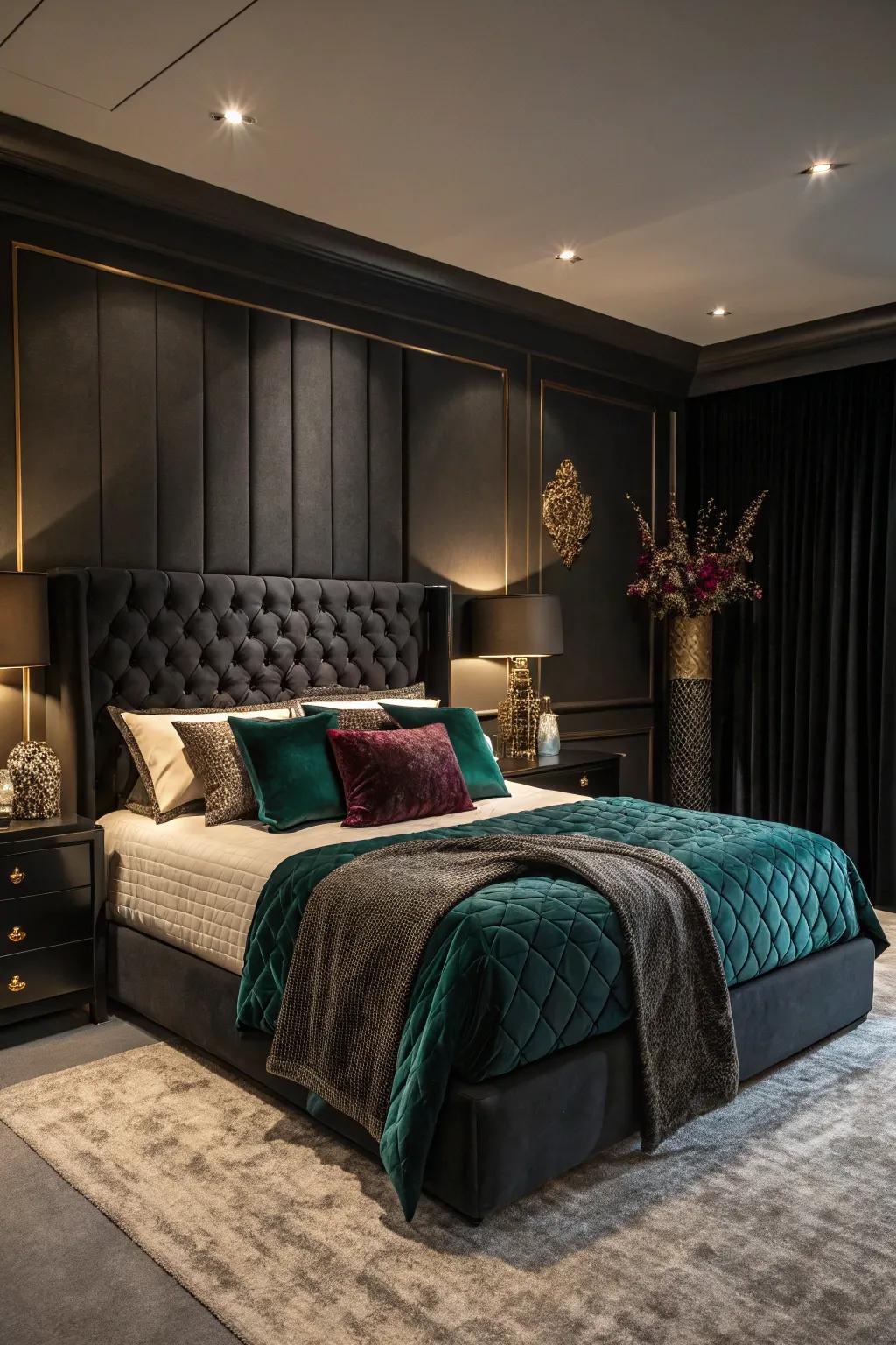 Gem tones convey richness to an obsidian bedroom.
