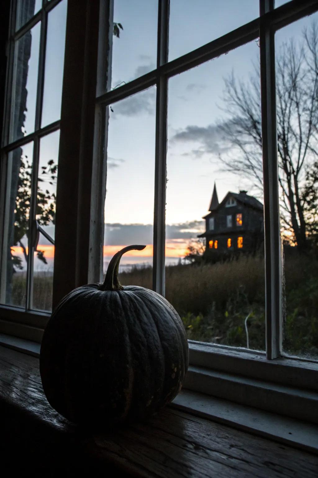 A black pumpkin with a haunted house design, perfect for a spooky ambiance.