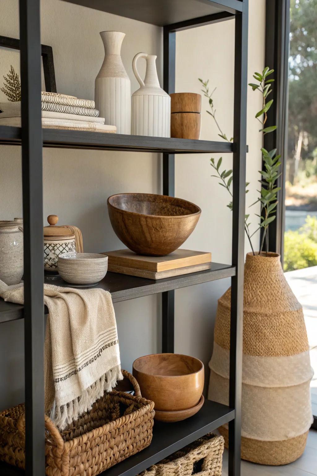 Organic textures and subdued colors delivering equilibrium on a dark-toned shelf.