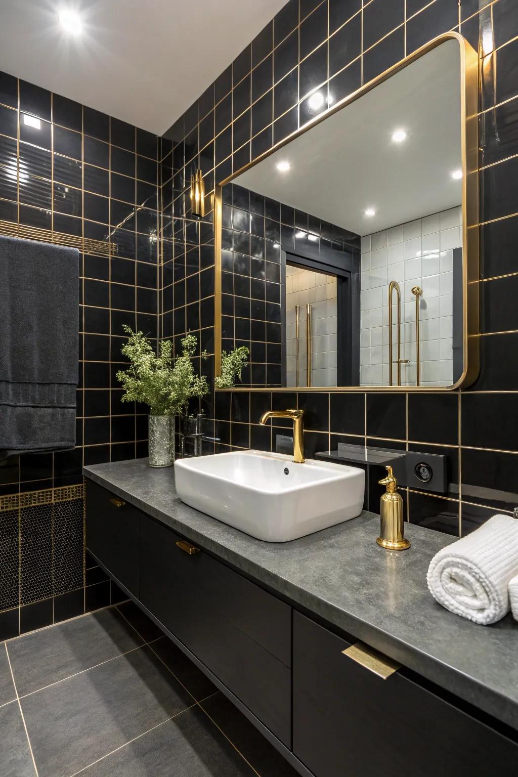Bronze hardware adds a luxurious touch to the dark-boarded bathroom.