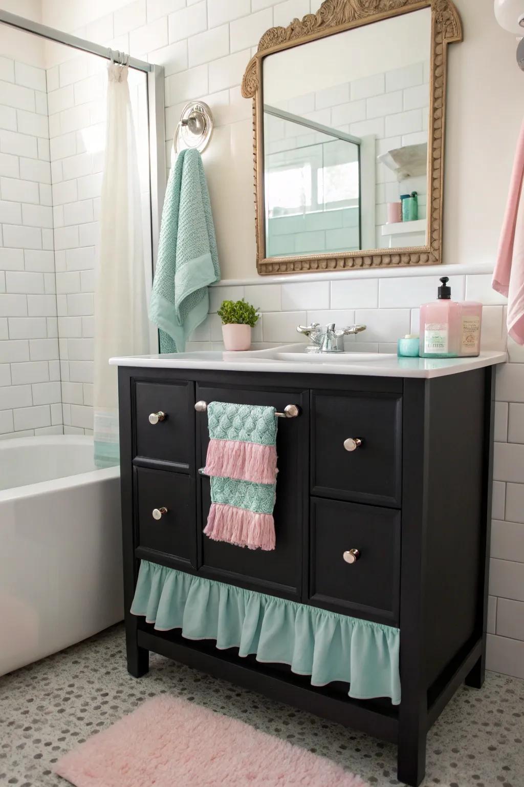Soft tone details infuse a sense of lightness and whimsy into a dark sink console bathroom.