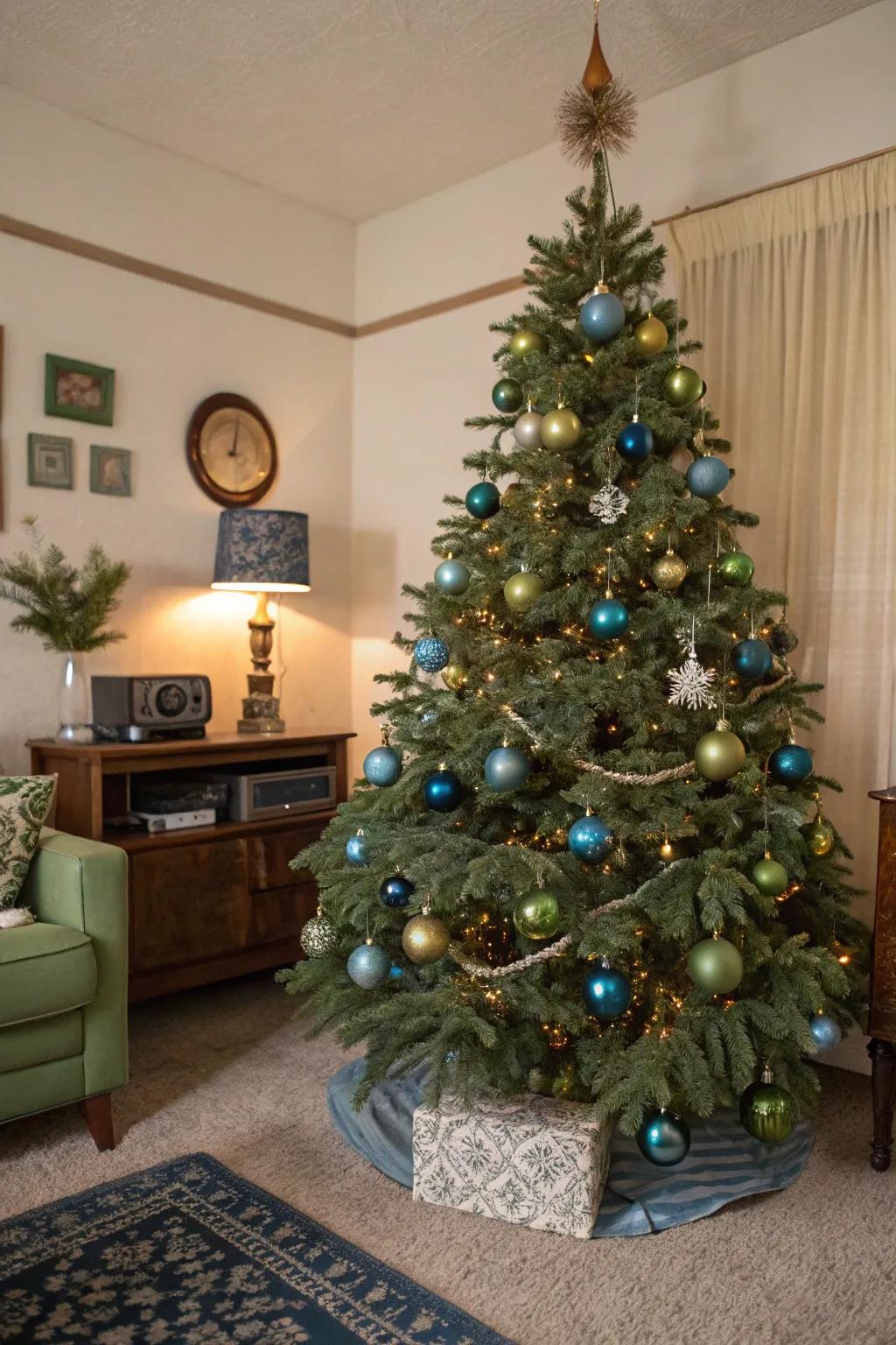 A denim and olive tree exuding nostalgic appeal and retro charm.