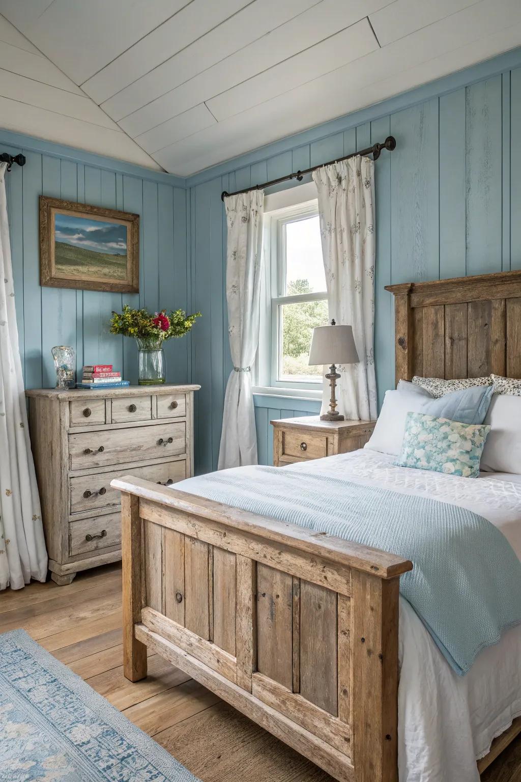 Raw timber accents bring warmth and texture to a blue and white bedroom.