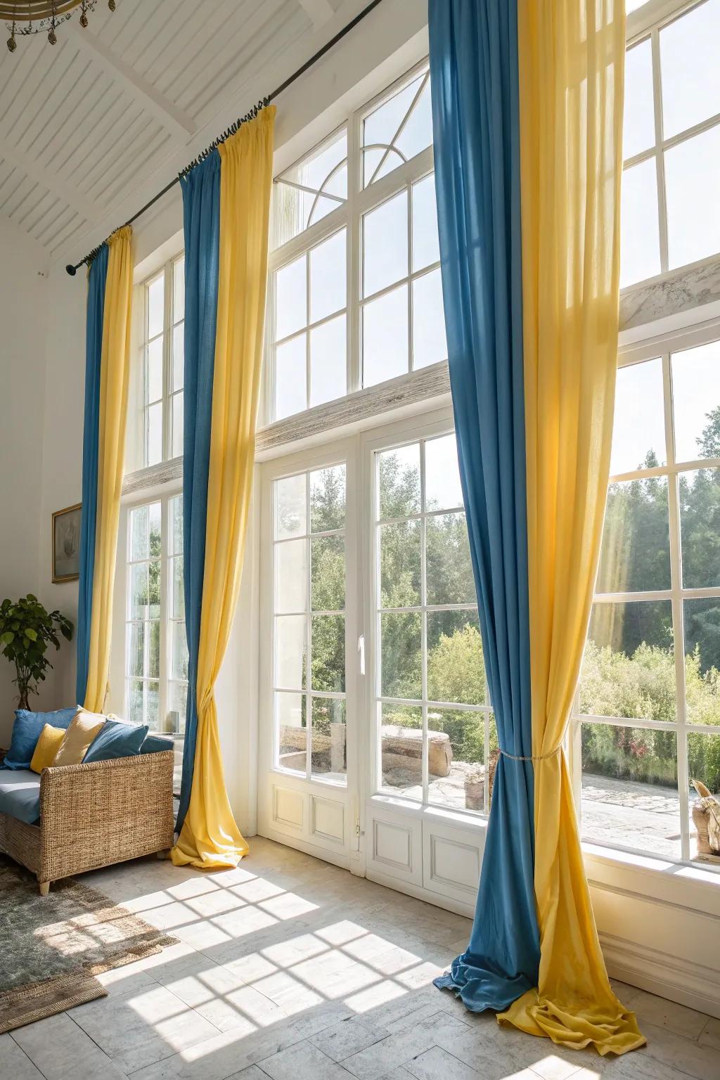 Windows graced with sea and lemon curtains to brighten the space.