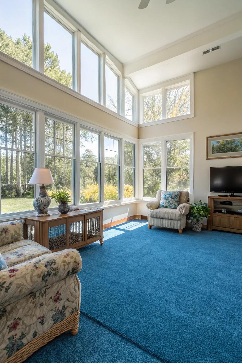 Natural light amplifies the magnificence of a blue carpet in a radiant, breezy living room.