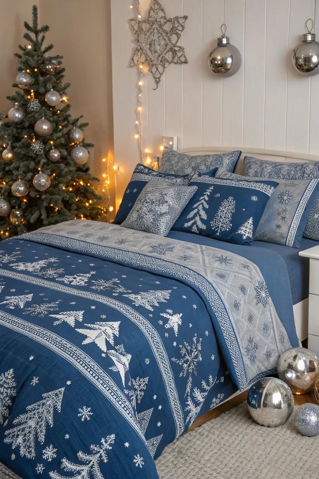 A snug and celebratory personal space themed in blue for Christmas