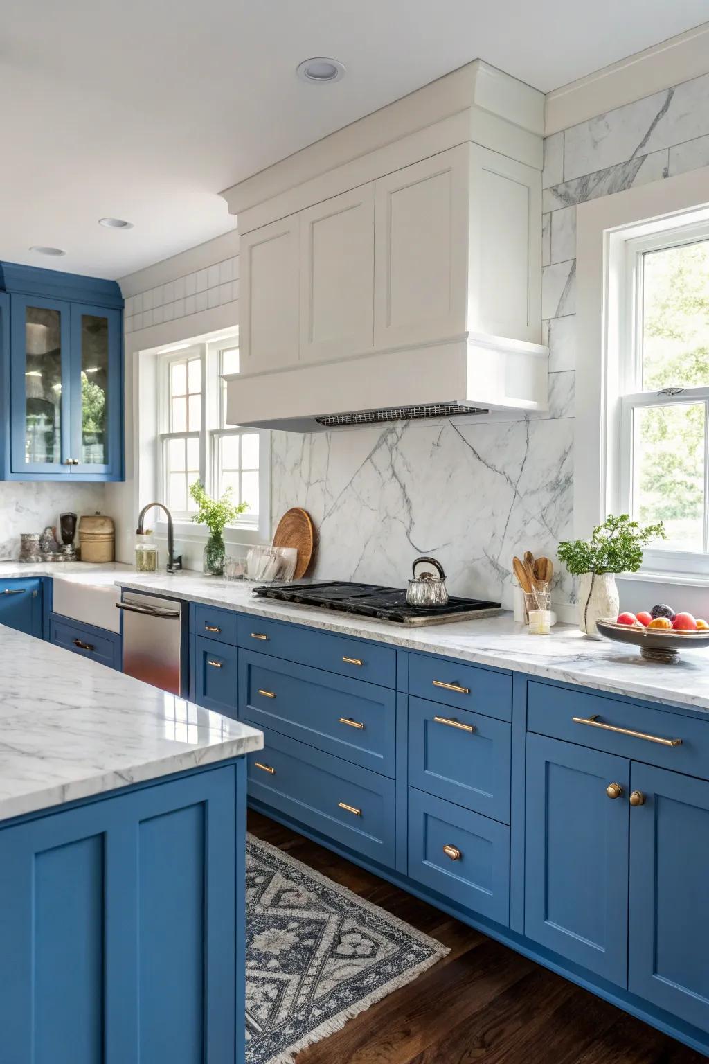 Sophistication at its best with azure cupboards and marble counters.