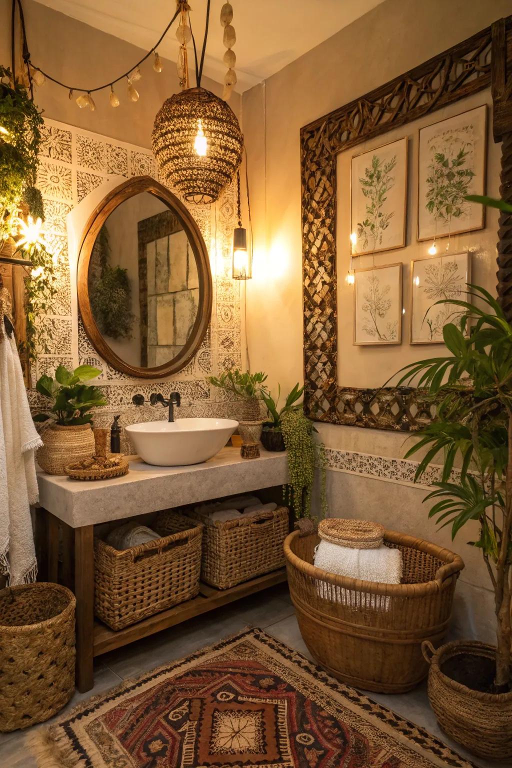 A boho bathroom featuring a showcase decorative mirror.