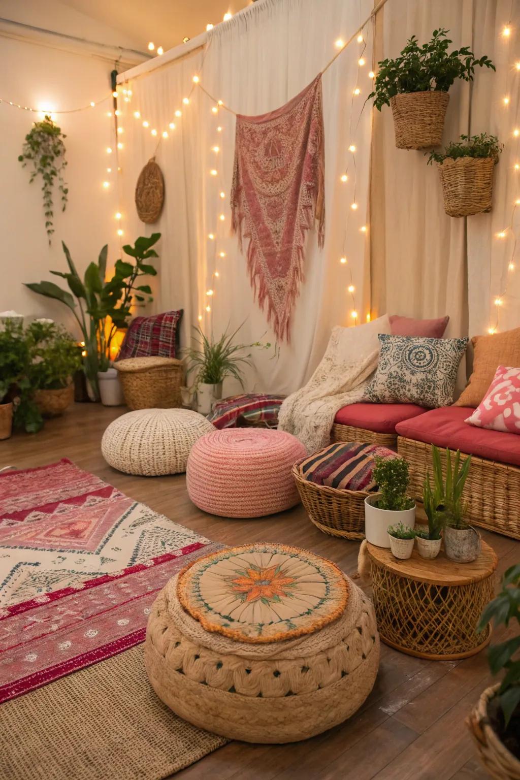 A casual seating arrangement in a bohemian studio.